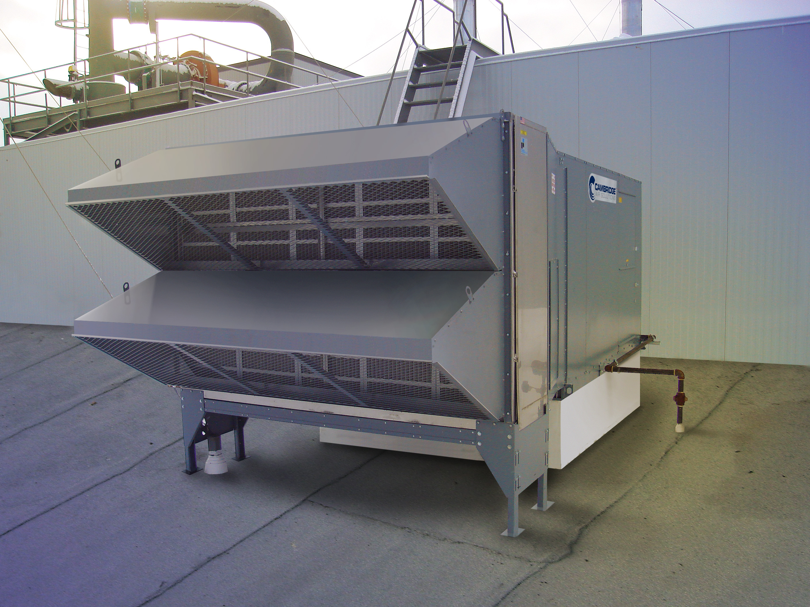 Cambridge Air Solutions M-Series horizontal rooftop make-up air unit installed on a roof curb
