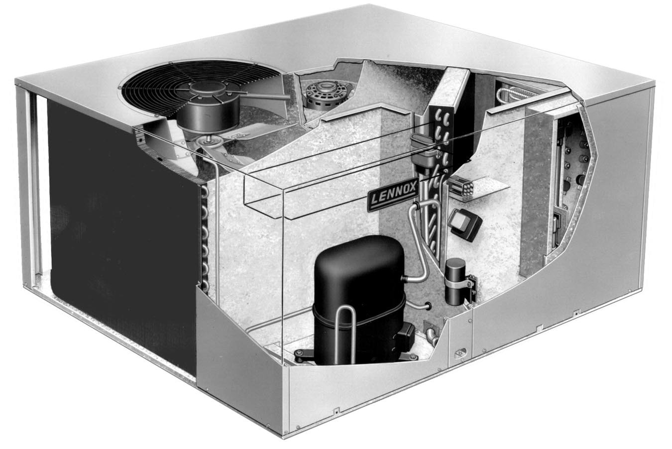 Lennox CHA16 small-chassis (2-5 ton) packaged rooftop unit, official cutaway product photo