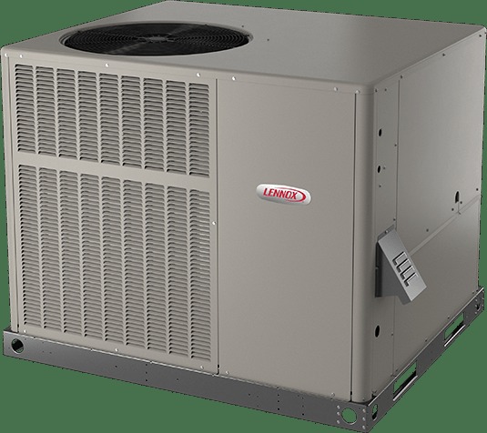 Lennox LRP14 packaged rooftop unit (AC and gas/electric variants), official product photo
